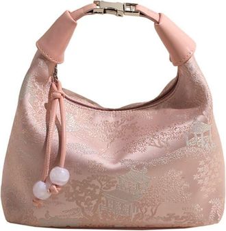 Generic Women Embroidery Shoulder Bag Handbag with Pearl Pendant Nylon Sling Bag (Pink)