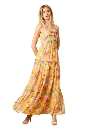 Oasis Rosette Detail Halterneck Midi Dress in Yellow at Nordstrom, Size 10
