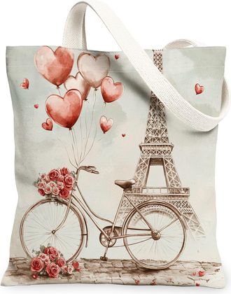 Generic Valentines Floral Canvas Tote Bags, Heart Bike Design Reusable Shopping Bags, Vintage Lightweight Washable Shoulder Strap Canvas for Travel Beach 13x1
