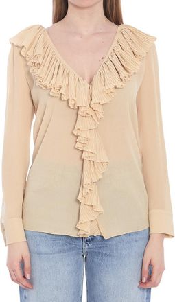 Saint Laurent Beige Solid V Neck Top