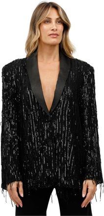 Meimeij Pailletten fringe jasje met satijnen revers - Dames - Blazers - Zwart - XS - Satijn - Jassen