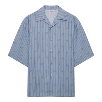 GCDS Pinstripe Bowling Shirt - Heren - Korte mouwen Overhemden - Blauw - M - Polyester - Overhemden