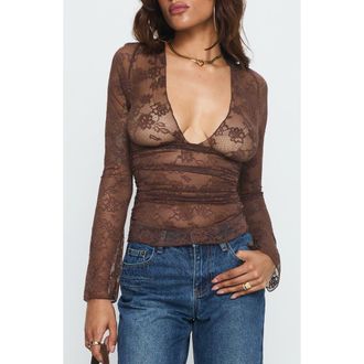 Princess Polly Nydia V-Neck Sheer Lace Top in Chocolate at Nordstrom, Size 12