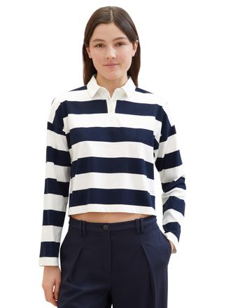 Tom Tailor Denim Langarm-Poloshirt TOM TAILOR DENIM, Damen, Gr. XXL (44), blau (navy wei&szlig; block stripe), Single Jersey, Obermaterial: 100% Baumwolle, gestreift, extrak