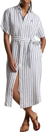 Ralph Lauren Striped Linen Midi Dress - White