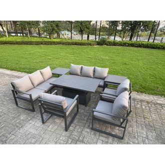 Fimous Aluminum 8-Piece Aluminum 9-Seater Dining Set with Lifting Table in Dark Grey