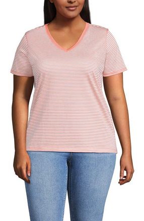 Lands End Supima Cotton V-Neck T-Shirt in Sunset Coral Pink Micro Stripe at Nordstrom, Size 2X
