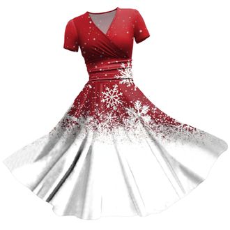 Generic Christmas Dresses for Women Party Print V Neck Short Sleeve Dress Dresses for Christmas Costumes Women Multi Colored Vintage Printed Holiday V Neck Lo