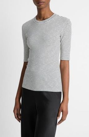 Vince Stripe Elbow Sleeve Cotton Blend Knit Top in Off White Combo at Nordstrom Rack, Size X-Small