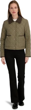 Elie Tahari Womens Haly Quilted Lightweight Water-Repellent Short Jacket w/Corduroy Collar