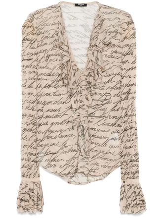 Balmain Love Letter-print ruffled blouse - Neutrals