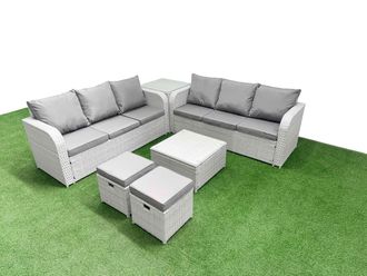 Fimous Outdoor Garden Furniture Sets 8 Seater Wicker Rattan Furniture Sofa Sets w/ Square Coffee Table high Back Lounge Sofa Stools Side Table Light
