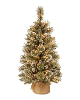 National Tree Company 3ft Glittery Bristle Pine Burlap Tree with LED Lights