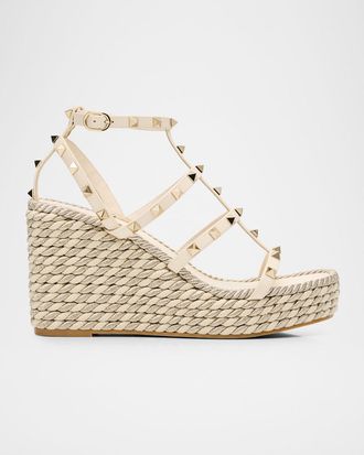 Valentino Garavani 95mm Rockstud Leather Wedge Espadrille Sandals