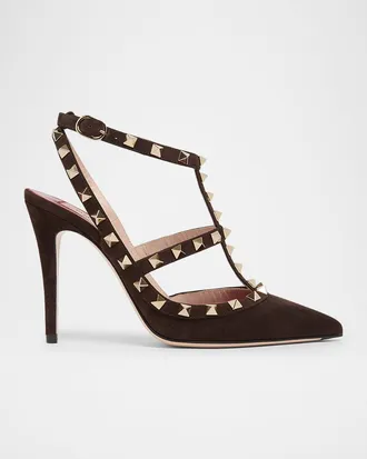 Valentino Garavani 100mm Rockstud Suede Ankle-Strap Pumps