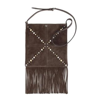 Valentino Garavani Cross Body Bags, female, Brown, ONE SIZE, Studded Suede Shoulder Bag with Fringe