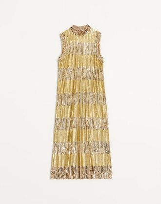 Valentino Abito Midi In Tulle Illusione Ricamato Donna BRONZE/SILVER 40