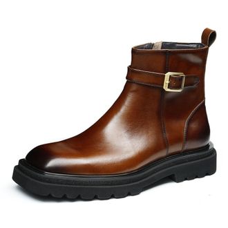 Generic Mens Chunky Heel Platform Short Boots Square Toe Leather Ankle Boots Office Dress Shoes with Side Zipper,Brown,5.5 UK