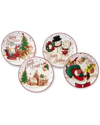 Certified International Santas Retro Christmas Set Of 4 Dessert Plates