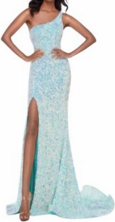 Alyce Paris One Shoulder Side Slit Formal Dress In Vintage Mint