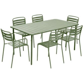 Sweeek 6-seater metal garden table with 2 armchairs and 4 chairs, Amelia, Green, 160x90x72.5 cm