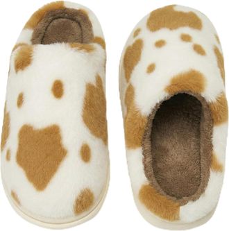 Generic Cow Slippers for Women, Cow Print Fluffy Faux Fur Lined House Shoes, Warm Winter Novelty Animal Slippers Fun Gift For Her (Khaki, M, Adult, Women, 6, 