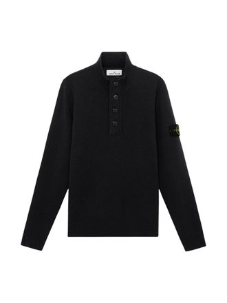Stone Island Black Knitted Sweater with Mock Neck and Signature Sleeve Badge