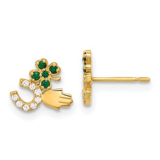 Diamond2Deal 10K Yellow Gold Green & White CZ Good Luck Stud Earrings