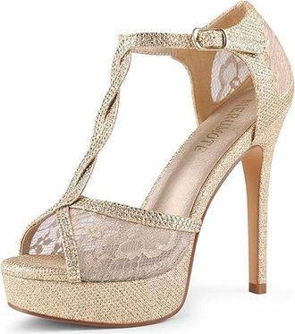 MERUMOTE Womens Lace Peep Toe Platform Heels In Gold Glitter