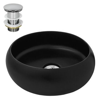 ML Design Lavabo para ba&ntilde;o de cer&aacute;mica negra redondo con juego de drenaje
