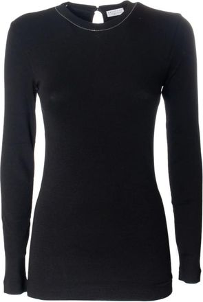 Brunello Cucinelli Cotton Blend Pullover met haaksluiting - Dames - Ronde hals truien - Zwart - XS - Katoen - Truien & Vesten