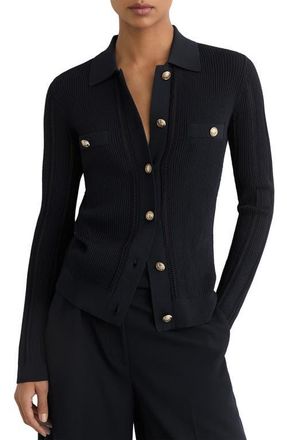 Reiss Harri Rib Knit Button-Up Shirt in Navy at Nordstrom, Size X-Small