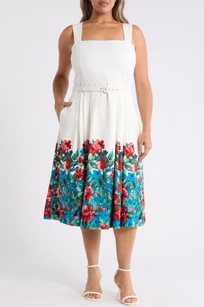 Tahari by ASL Belted Border Print Midi Dress in Ivory Multi at Nordstrom, Size 18W