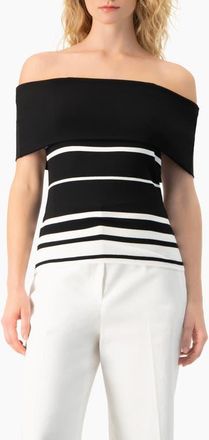 Ivonne Bardot Stripe Off-Shoulder Short-Sleeve Knit Top in Black at Nordstrom, Size Medium
