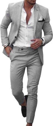 Generic Mens Suits 2 Piece Set,One Button Linen Cotton Solid Color Suit,Mens Suits Classic Fit 2 Piece for Beach (Light Gray,4XL)
