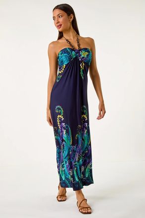 Roman Paisley Beaded Necklace Bandeau Maxi Dress