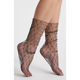 High Heel Jungle Crystal Sheer Tulle Crew Socks in Black at Nordstrom