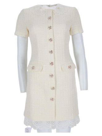 Self Portrait Textured Mini Dress With Lace Trim And Buttoned Front