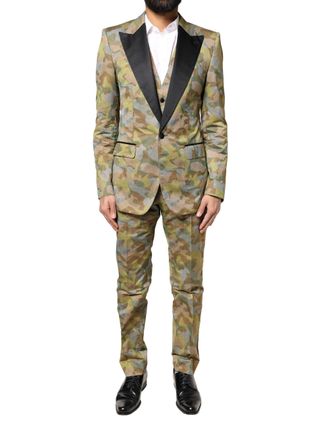 Dolce & Gabbana Mens Multicolor Camouflage Sicilia 3 Piece Suit Polyester Silk