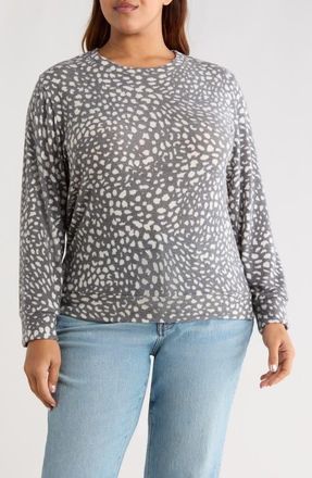 Loveappella Brushed Animal Print Long Sleeve Crewneck Top in Charcoal/Ivory at Nordstrom, Size 1 X
