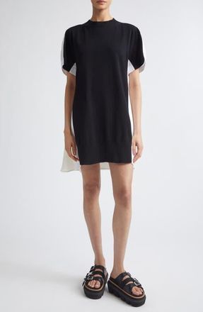 sacai Mixed Media Knit & Poplin Minidress in Black/Off White at Nordstrom, Size 4
