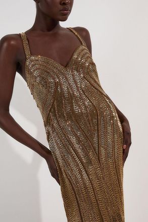 Karen Millen Womens Petite Beaded Contour Sweet Heart Neckline Woven Maxi Dress - Gold - Size 16 UK