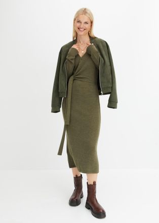 Bonprix Strickkleid BONPRIX Midi-Strickkleid, Damen, Gr. 52/54 (XXL), N-Gr, gr&uuml;n (dunkeloliv meliert), Obermaterial: 90% Polyacryl, 10% Polyester, slim fit, V