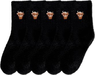 Generic Highland Cow Slipper Socks for Women - Cozy, Fuzzy, Thick Winter Bed Socks | Cute Holid Present (5pcs*Black)