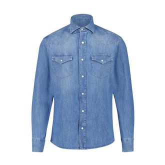 Brunello Cucinelli Westers ge&iuml;nspireerd Blauw Denim Overhemd - Heren - Spijkeroverhemden - Blauw - XL - Denim - Overhemden