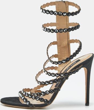 Sergio Rossi Black Suede Crystal Embellished Ankle Strap Sandals