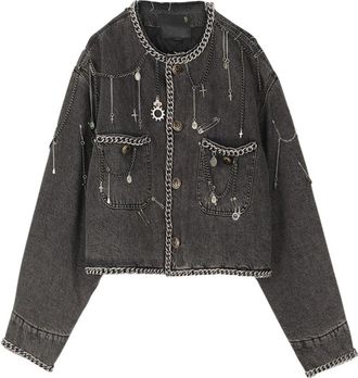 R13 Chain Embellished Cropped Chore Jacket - Dames - Spijkerjassen - Grijs - M - Katoen - Jassen