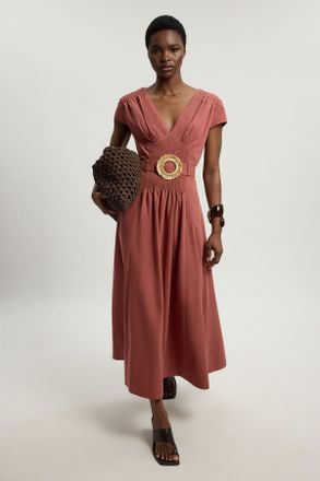 Karen Millen Womens Shirred V Neck Belt Detail Woven Maxi Dress - Rust Lyocell - Size 18 UK