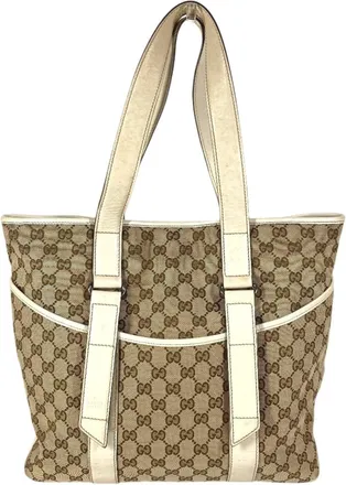 Gucci Beige White Gg Canvas Leather Shoulder Bag Tote Bag (Pre-Owned)
