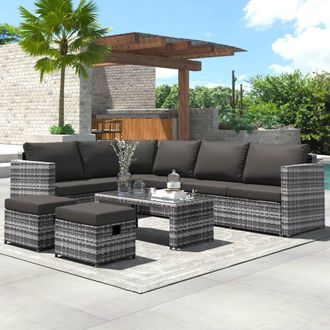 Matteo Rattan Garden Corner Sofa Set with Coffee Table & Stools in Grey